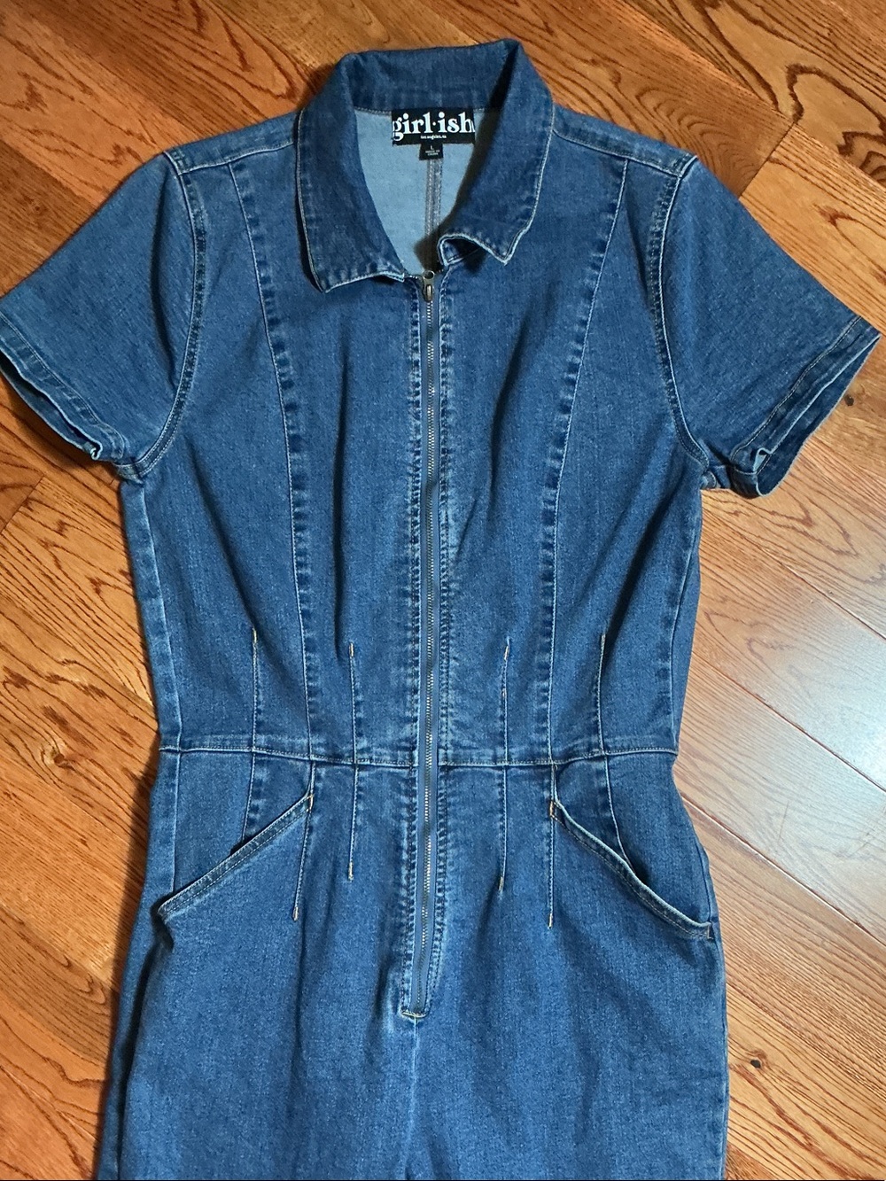 Girl.ish Classic Blue Denim Short-Sleeve Zip-Front Jumpsuit - Picture 3 of 11